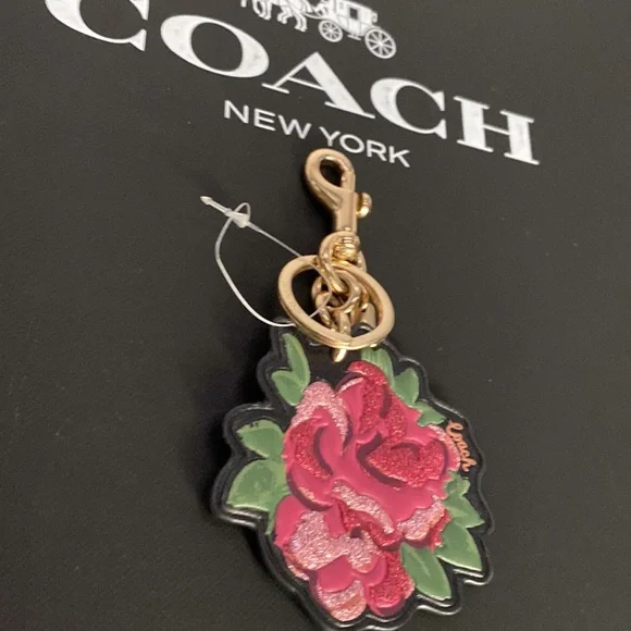 Coach Red Pink Signature Tea Rose Flower Floral Bag Charm Keychain FOB NWOT - Picture 5 of 6